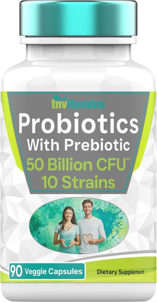 Probiotics with Prebiotic: 50 Billion CFU - 10 Strain - 90 Vegetarian Capsules | with Acidophilus Probiotic for Digestive Health, Gut Health, & Immune Support* | for Men & Women