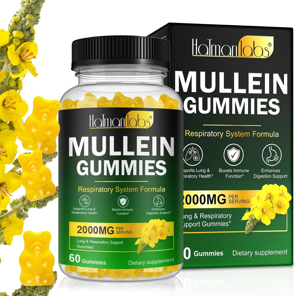 Mullein Gummies for Lung Detox, 2000mg Mullein Leaf Extract for Respiratory & Digestive & Immune Support w/Quercetin, Bromelain, Elderberry & Marshmallow, Vegan 120 Gummies (1 bottle 60 gummies) (1)