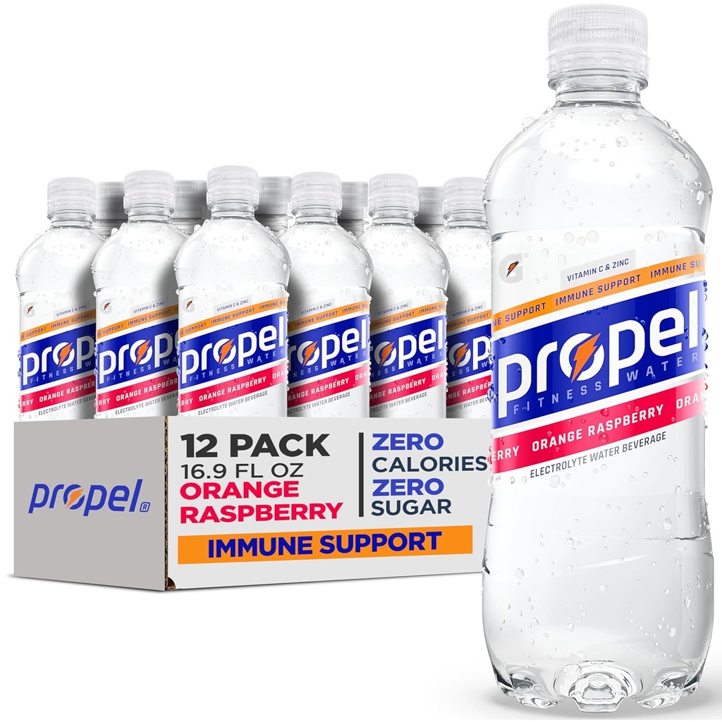 Propel Immune Support Electrolyte Enhanced Water Sports Drink, Orange Raspberry Flavored Water, 100% DV Vitamin C + Zinc, Zero Calorie & Zero Sugar Hydration with Electrolytes and Vitamins, 24 fl oz Water Bottles (12 Pack)