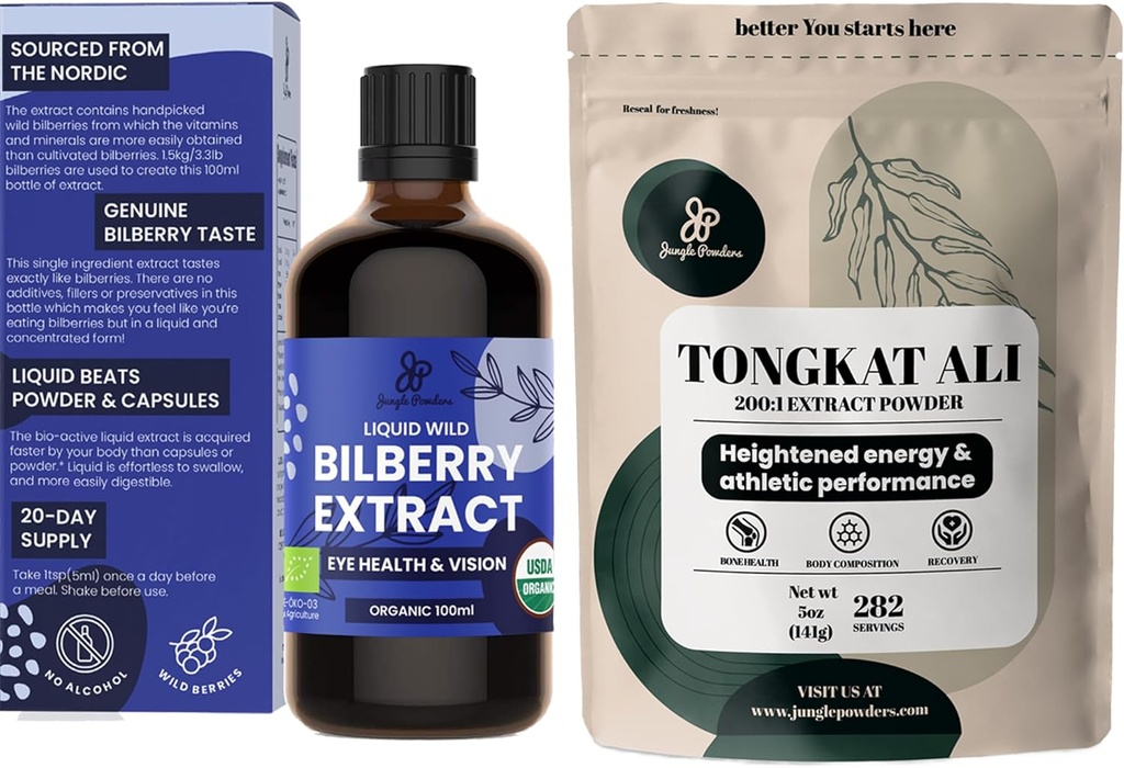 Jungle Powders Tongkat Ali for Men Powders 200:1 Extract 5 Ounce Bag, Wild Bilberry Extract for Eyes Organic 3.4oz Bottle Bilberry Supplement for Eyes