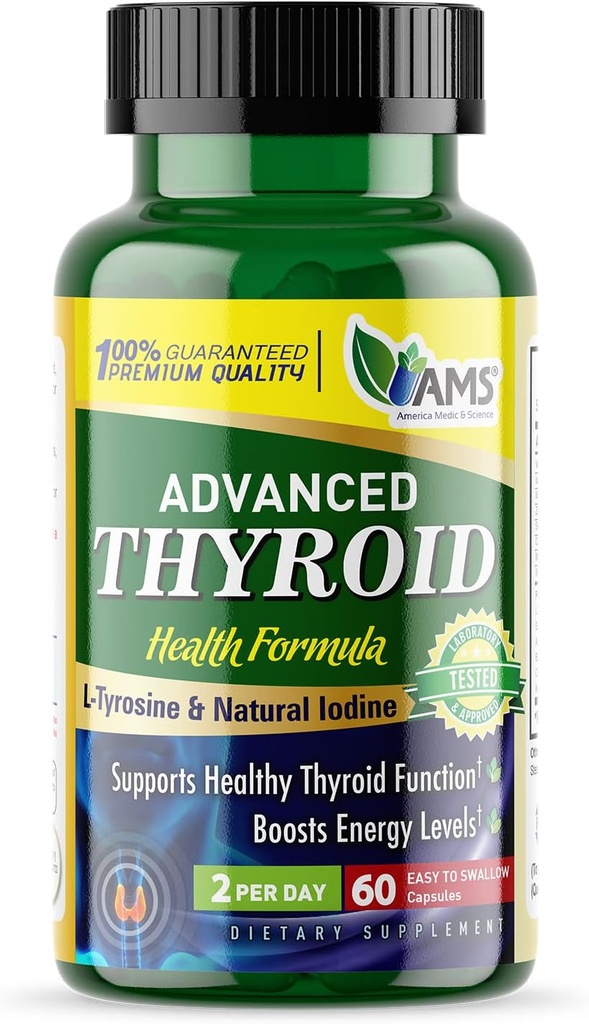 America Medic & Science Advanced Thyroid (60 Capsules) | Thyroid Support for Men and Women | Mood and Energy Booster Supplement | with Natural Ashwagandha, Iodine, Selenium, and Vitamin B12