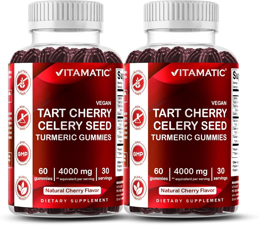 Vitamatic Tart Cherry with Celery Seed Gummies – 4000mg Equivalent Per Serving (from 10:1 Extract, 400mg) - 2-Pack