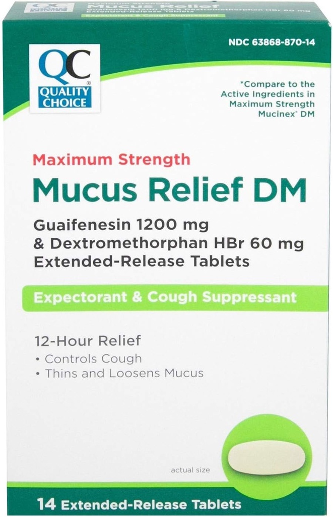 Quality Choice Maximum Strength Mucus Relief DM, Cough Suppressant and Expectorant, 12 Hour Relief, Guaifenesin 1200 mg and Dextromethorphan HBr 60 mg Extended Release Tablets, 14 Count