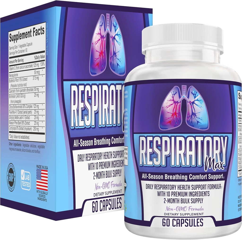 Respiratory Health Supplement 10-in-1 Blend | 2-Month Bulk Supply | Breathing Support Supplements, Vitamins & Herbs | Respiratory System Nutritional Support for Strong Lungs | 60 Capsules