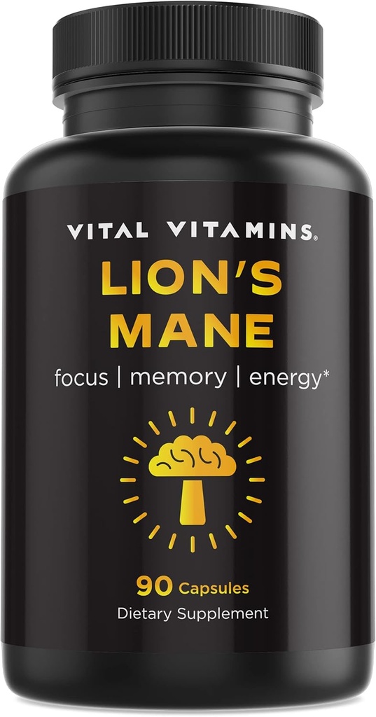 Vital Vitamins Lions Mane Supplement Capsules - Brain Booster Supplement for Mental Clarity, Focus and Memory Support - Nootropic Mushroom Supplement with Turkey Tail and Maitake (90 caps)
