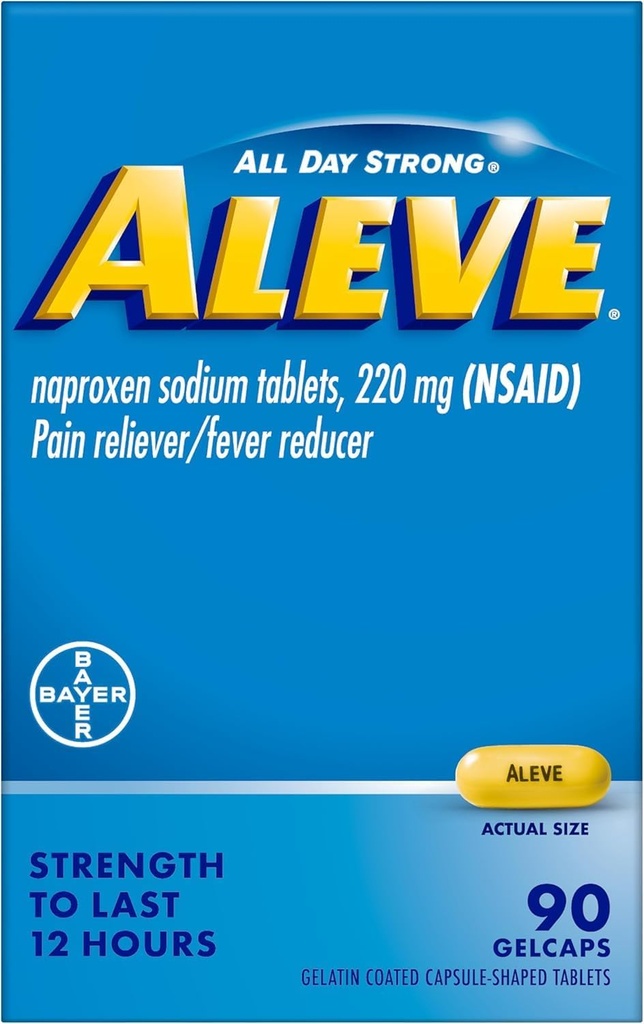 Aleve Pain Reliever & Fever Reducer Gelcaps, Naproxen Sodium, Headache and Back and Body Pain Relief Medicine, for Adults and Children Ages 12 and Up, 90 Count