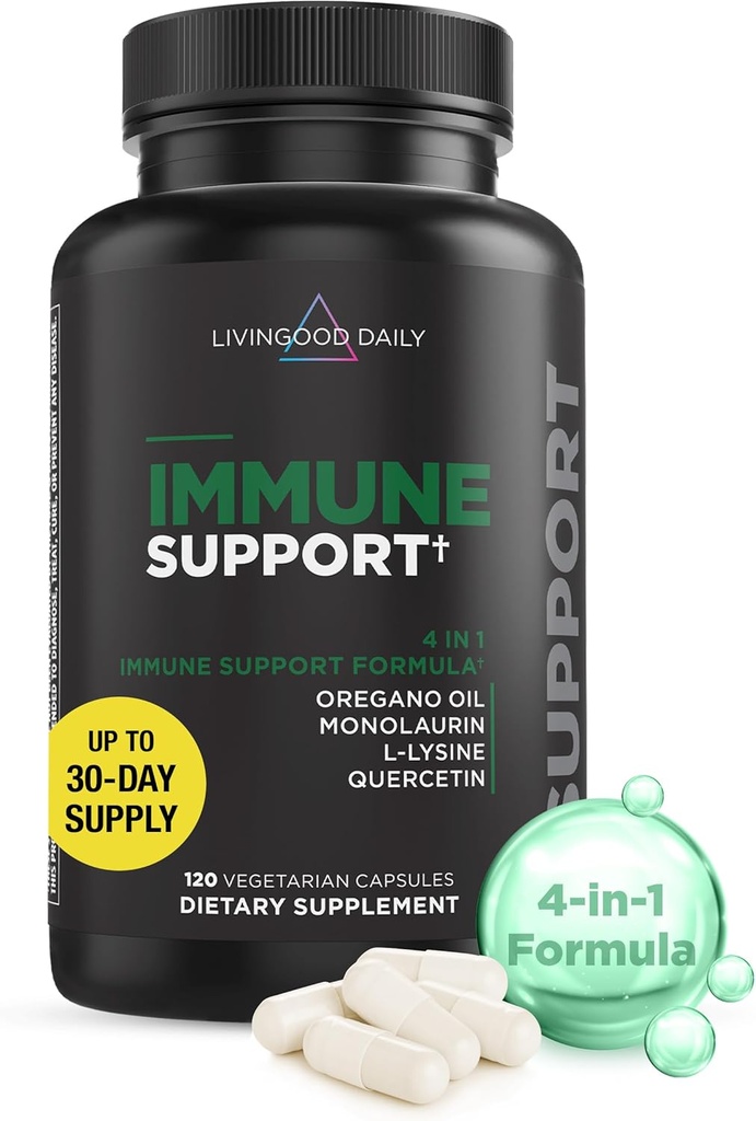 Livingood Daily Immune Support Supplement, 4-in-1 Formula with Oregano Oil, Monolaurin, L Lysine & Quercetin, Gut & Digestive Health, Gluten Free, Vegan, Non GMO, Allergen Free, 120 Capsules