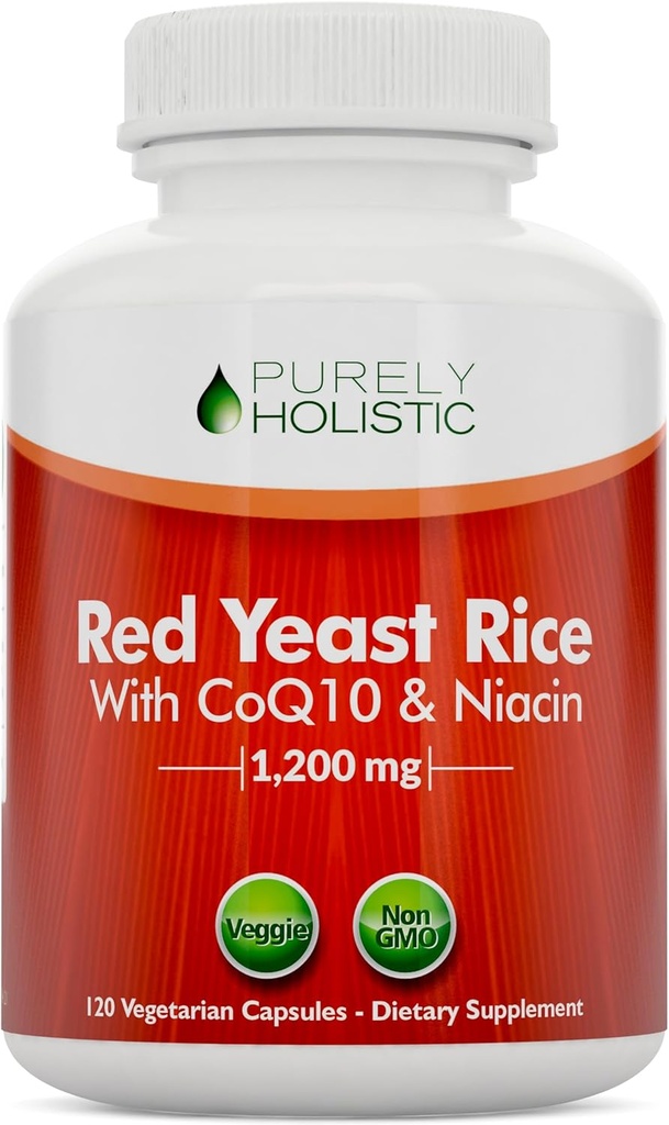 Red Yeast Rice 1200mg with CoQ10 Supplement & Flush Free Niacin 120 Extra Strength Vegetarian Capsules – Advanced Healthy Heart Formula - Non-Irradiated, Citrinin Free