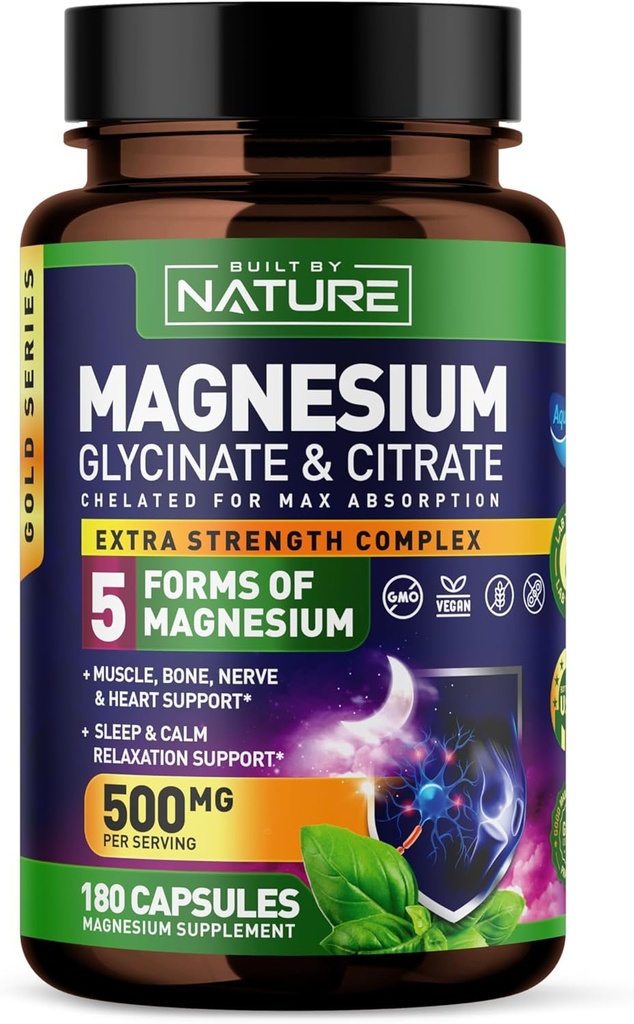 Magnesium Complex 500mg - 5 Forms of Magnesium Glycinate, Citrate, Malate, Oxide & Aquamin with 72 Trace Minerals - Chelated for Absorption - Supplement for Muscle, Nerve, Heart & Sleep (180 Capsules)