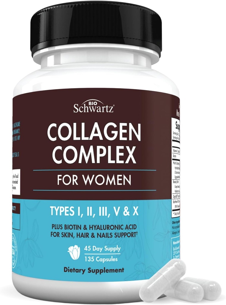 BioSchwartz Hydrolyzed Collagen Peptide Capsules - Multi Collagen Supplements for Women Types I, II, III, V, X with Vitamin C, Biotin, Keratin and Hyaluronic Acid for Skin, Hair & Nails - 135ct
