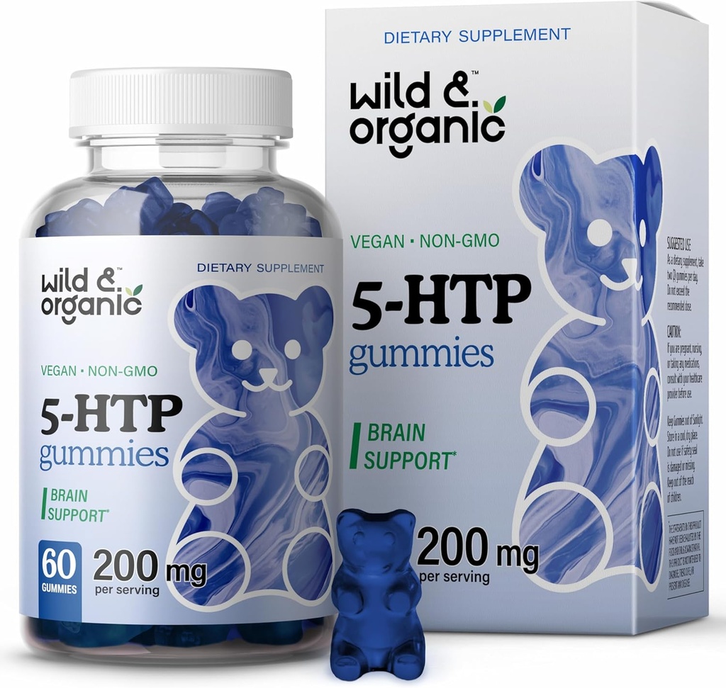 Wild & Organic 5-HTP 200mg Mood Gummies - L-Tryptophan for Relaxation and Natural Calm - 5 HTP Supplement for Brain Support - 60 Vegan, Non-GMO 5HTP Gummies