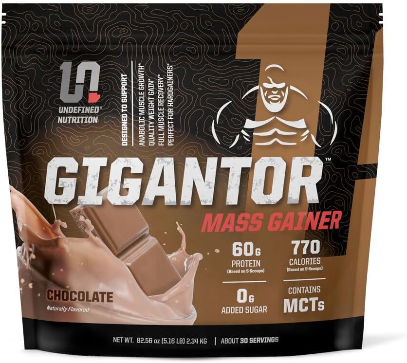 Undefined Nutrition Gigantor Mass Gainer by Brian Shaw (60g Protein, 30 Servings, up to 790 Quality Calories) – Hardcore Hard Gainer Formula with 5- Phase Protein Blend (5.16 lbs, Chocolate)