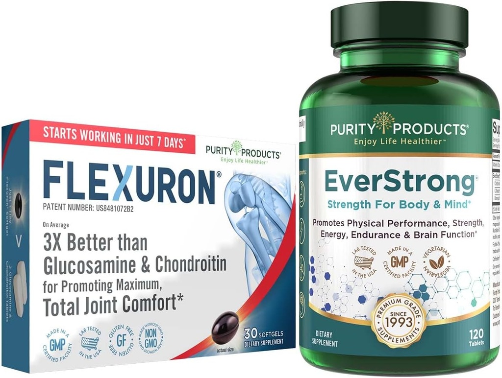 Purity Products Bundle - Flexuron Joint Formula + EverStrong Tablets - Flexuron - Krill Oil, Hyaluronic Acid + Astaxanthin - EverStrong- Muscle Matrix Blend w/Creatine, Coffee Fruit Extract + More