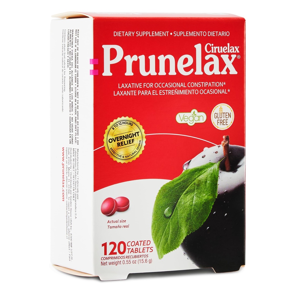 Prunelax Ciruelax Regular Strength Laxative Mini Tablets - Overnight Relief for Occasional Constipation, Senna Extract, Vegan & Gluten-Free, Gentle Relief - 120ct