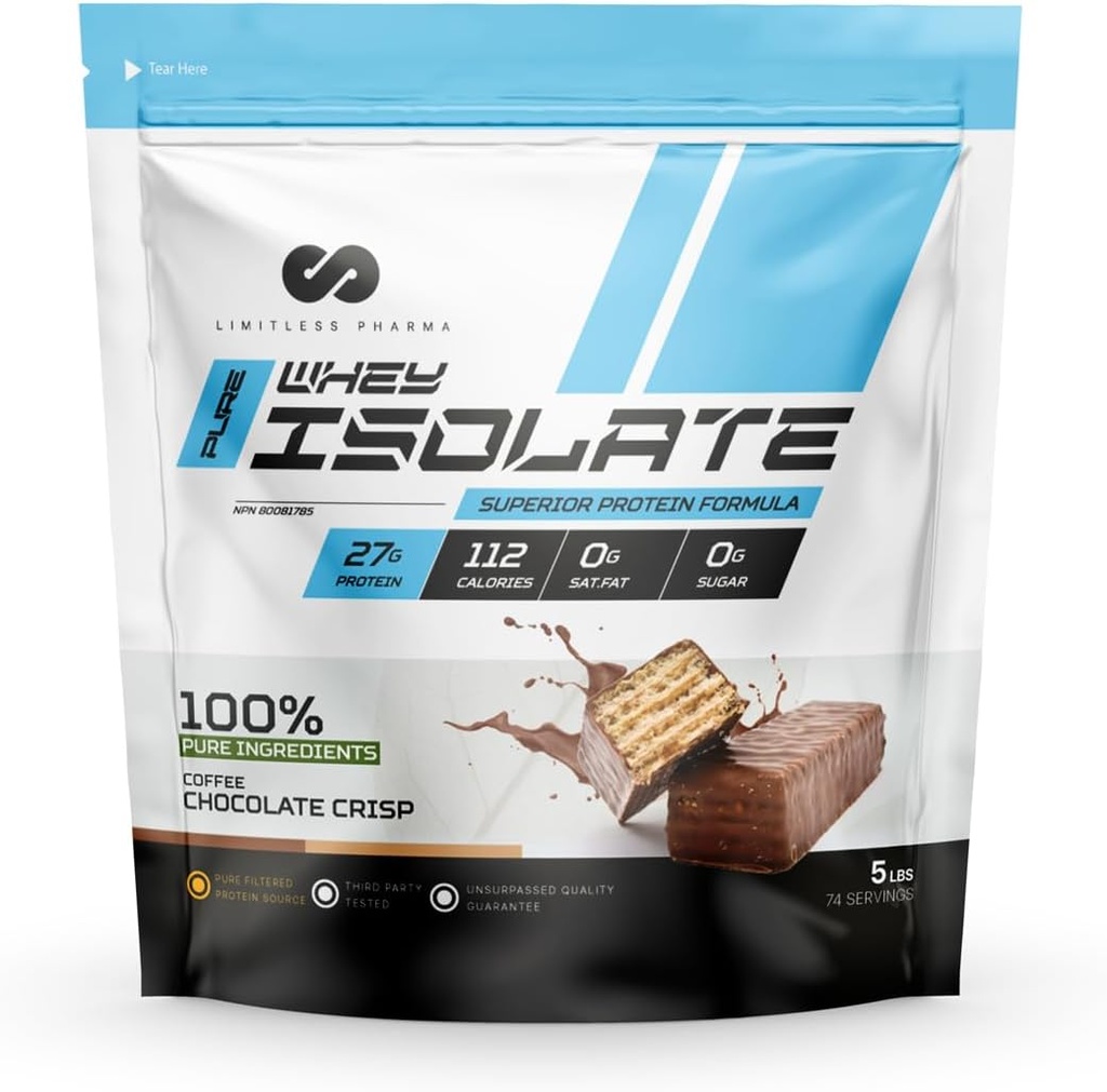 Limitless Pharma Pure Whey Isolate | High Protein Whey Isolate Protein Powder | 27g Protein, 6g BCAAs, Sugar Free, Gluten Free, Low Carb, Low Lactose | 74 Servings, 5LB (Coffee Chocolate Crisp)