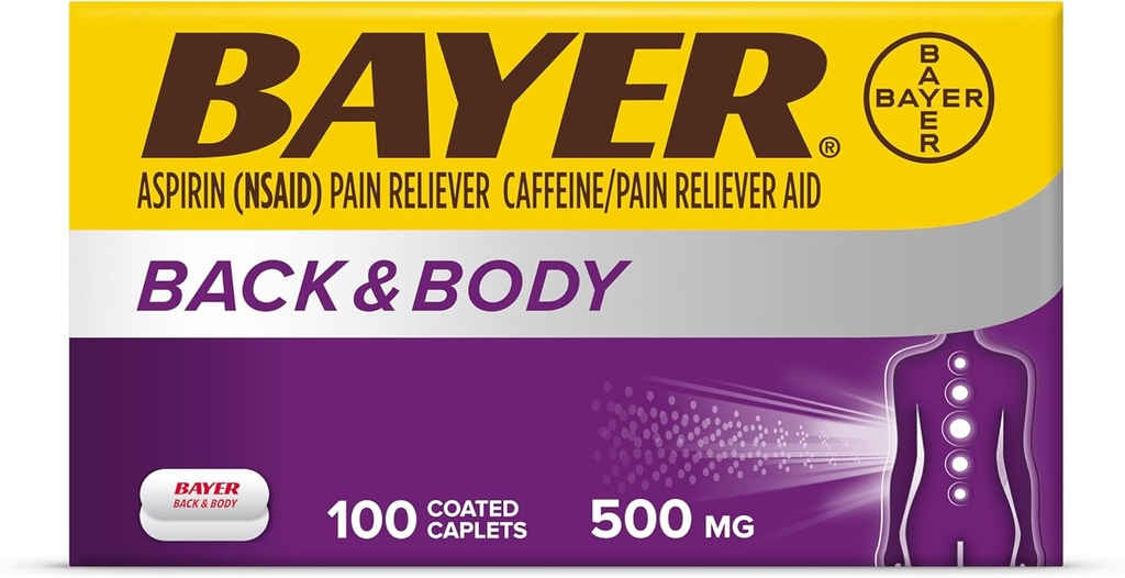 Bayer Back & Body Extra Strength Aspirin, 500mg Coated Tablets, Fast Relief at the Site of Pain, Pain Reliever with 32.5mg Caffeine, 100 Count