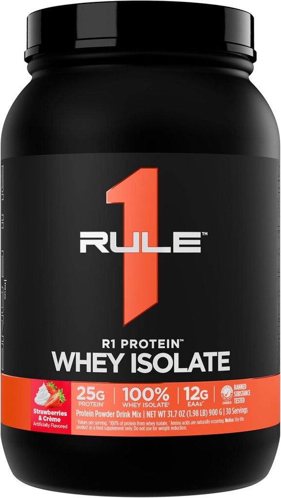 Rule 1 R1 Protein Whey Isolate - with 25g Protein & 6g BCAA Exclusively from Isolated & Hydrolyzed Sources for Workout Recovery (2 Pounds*, Strawberries & Crème)