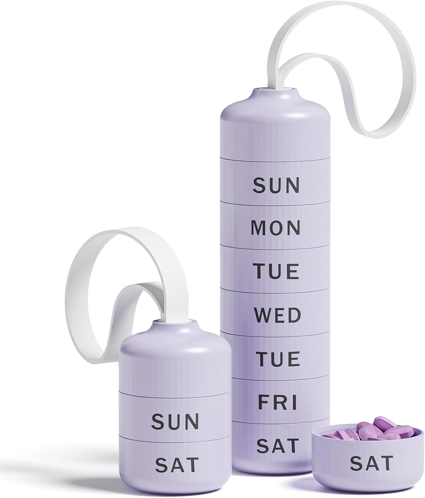 Betife Cute Pill Organizer, Cute Weekly Pill Box for Travel, Cute Daily Pill Case 7 Day, with 7 Large Stackable Compartments, Sturdy ABS Pill Holder for Vitamin Supplement Medicine（Purple）