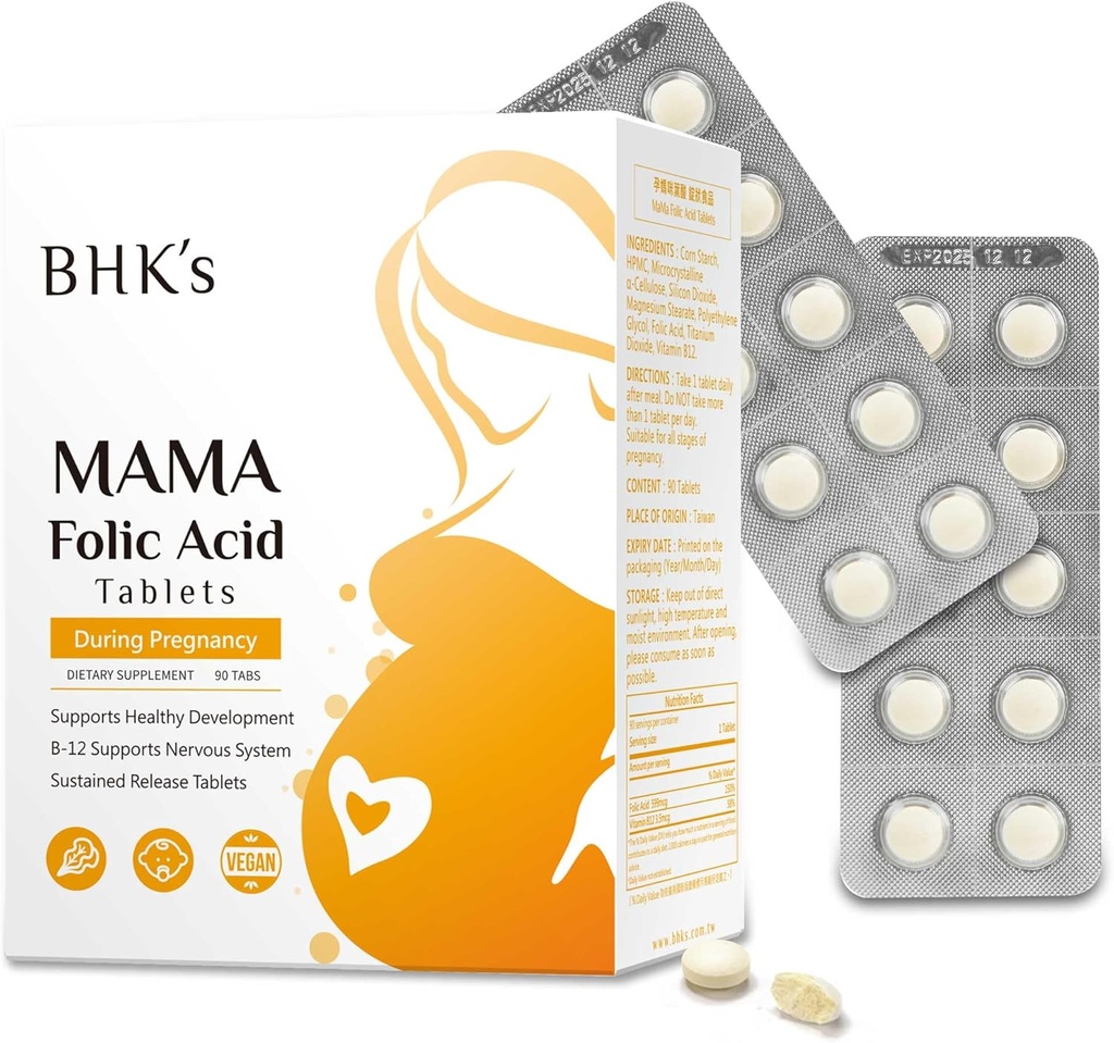 BHK's Folic Acid, Before During After Pregnancy, Support Baby Nervous System Development, Essential Vitamins for Mom & Baby, 90 Tablets
