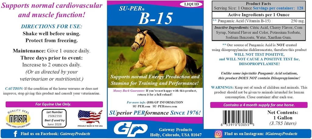 SU-PER B-15 Vitamin Supplement for Horses - Equine Vitamin B-15 Liquid for Performance Support - Supports Normal Cardiovascular Immune & Muscle Function - 1 Gallon + Pump, 4 Month Supply