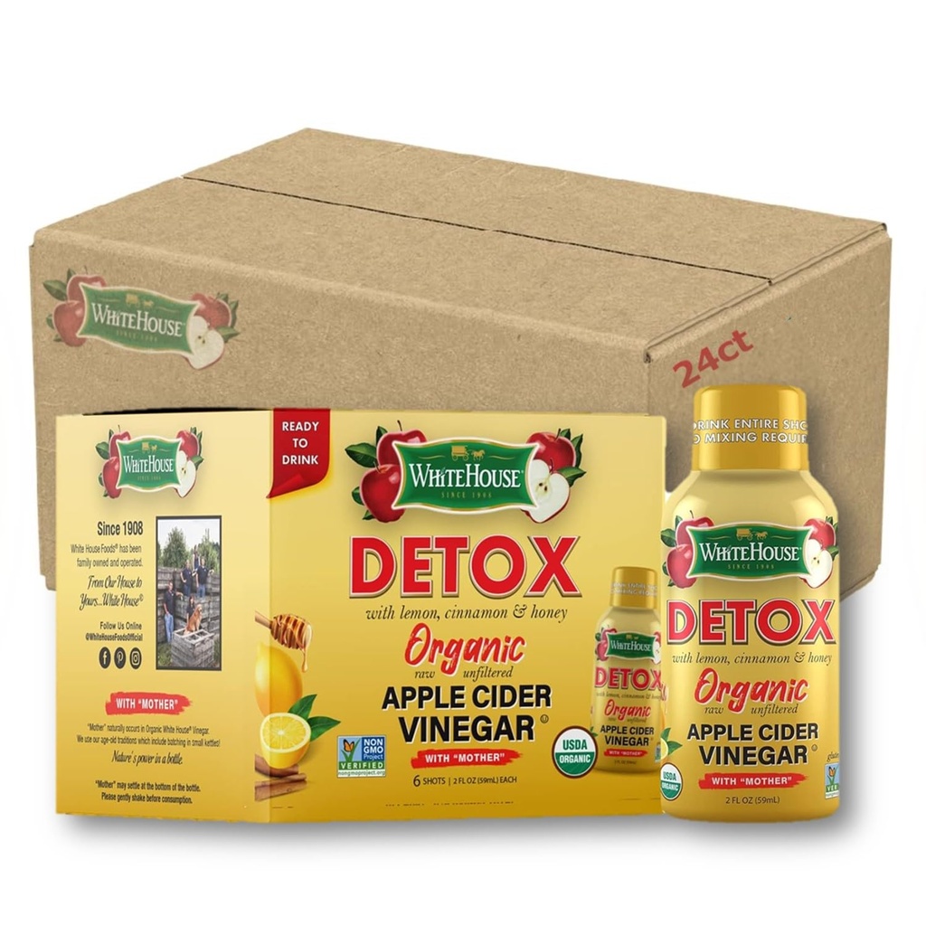 White House Detox Apple Cider Vinegar Shots, Raw Unfiltered, On the Go (Detox, Pack of 24)