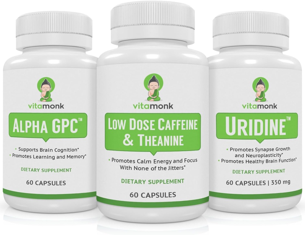 VitaMonk Brain Boost Bundle - Alpha GPC, Uridine, and Low Dose Caffeine + L-Theanine Duo