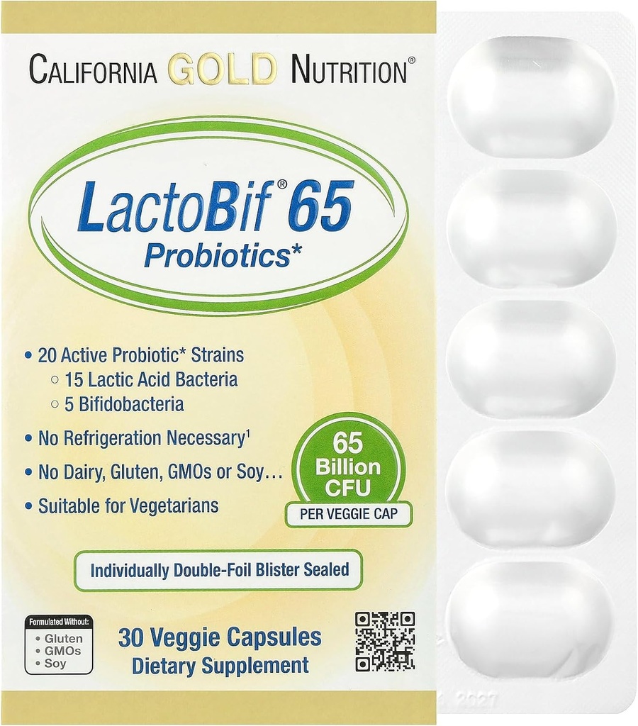 LactoBif Probiotics, 65 Bllion CFU, 20 Active & Clinically Researched Probiotic Strains, Soy-Free, Sugar-Free, Vegetarian, Individually Double-foil Blister Sealed, 30 Veggie Capsules