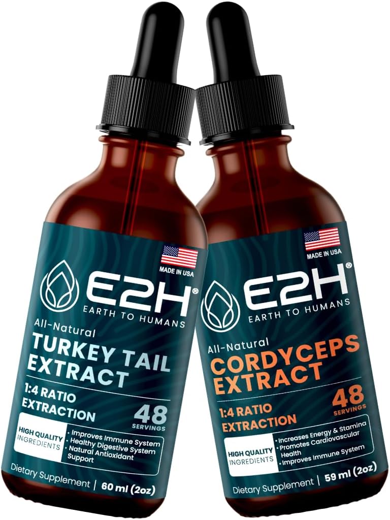 E2H: Turkey Tail & Cordyceps Extracts - Immune Support, Focus, Memory, Clarity - Non-GMO, Vegan - 2 Fl Oz Each (4 Fl Oz Total) - Bundle