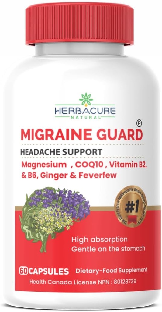 MIGRAINE Guard ® New Migraine Relief Headache Prevention, Clinically Proven COQ10, VIT B2, VIT B6, Feverfew, Magnesium GLYCINATE, Ginger, Exceptional Response During Trials Made in Canada