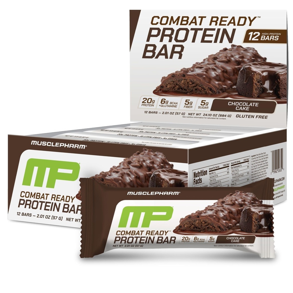 MusclePharm Combat Sport Bar, Chocolate Cake Flavor High Protein Bars, Combat Cravings, Fuel Performance & Meet Energy Demands, 20g Protein from Whey Protein, 5g Fiber, Gluten Free, 12 Bars