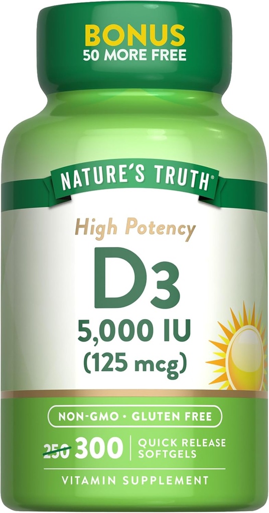 Nature's Truth Vitamin D3 5000 IU (125 mcg) | 300 Softgels | High Potency Vitamin D | Non-GMO and Gluten Free Supplement