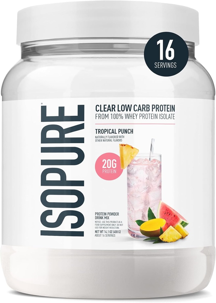 Isopure Clear Whey Isolate Protein Powder, Lactose Free, Gluten Free, Naturally Flavored, Tropical Punch, 20g Protein Per Serving, 14.1 Oz, 16 Servings (Packaging May Vary)