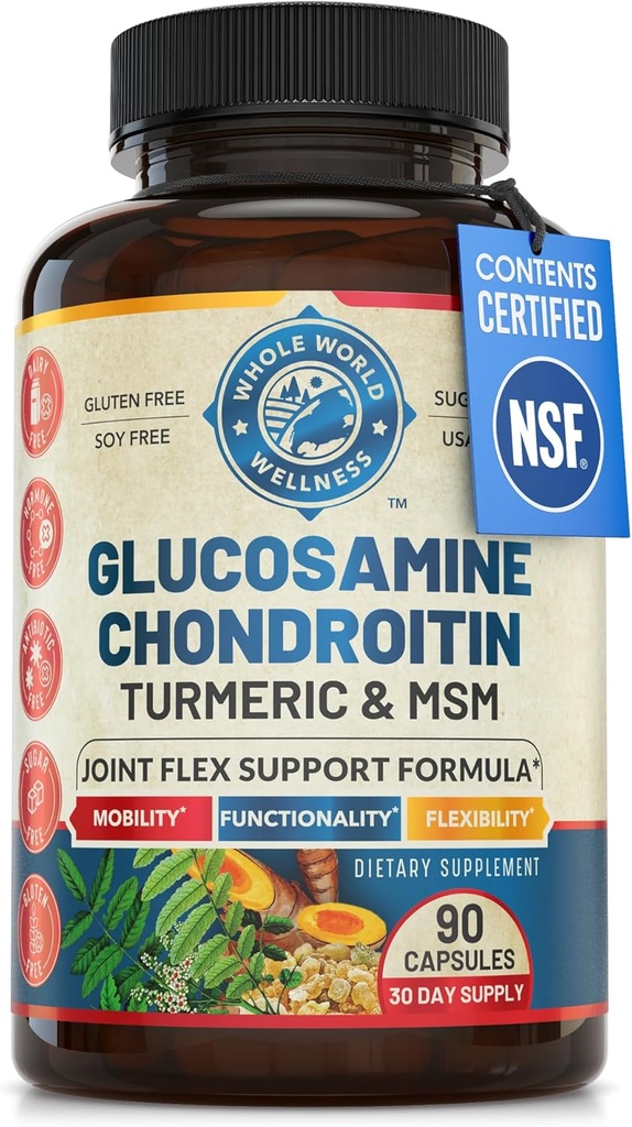 Advanced Joint Support Supplement with Glucosamine Chondroitin MSM Turmeric Boswelia. Supports Inflammatory Response, Discomfort Relief for Knees Hands Back & Joints. NSF Certified, USA Made. 90 Count