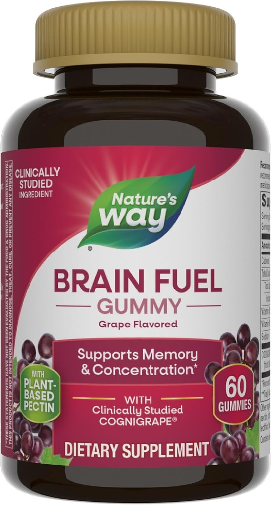Nature's Way Brain Fuel, Supports Memory and Concentration*, Brain Function Support Supplement*, Clinically Studied Cognigrape®, Grape Flavored, 60 Gummies