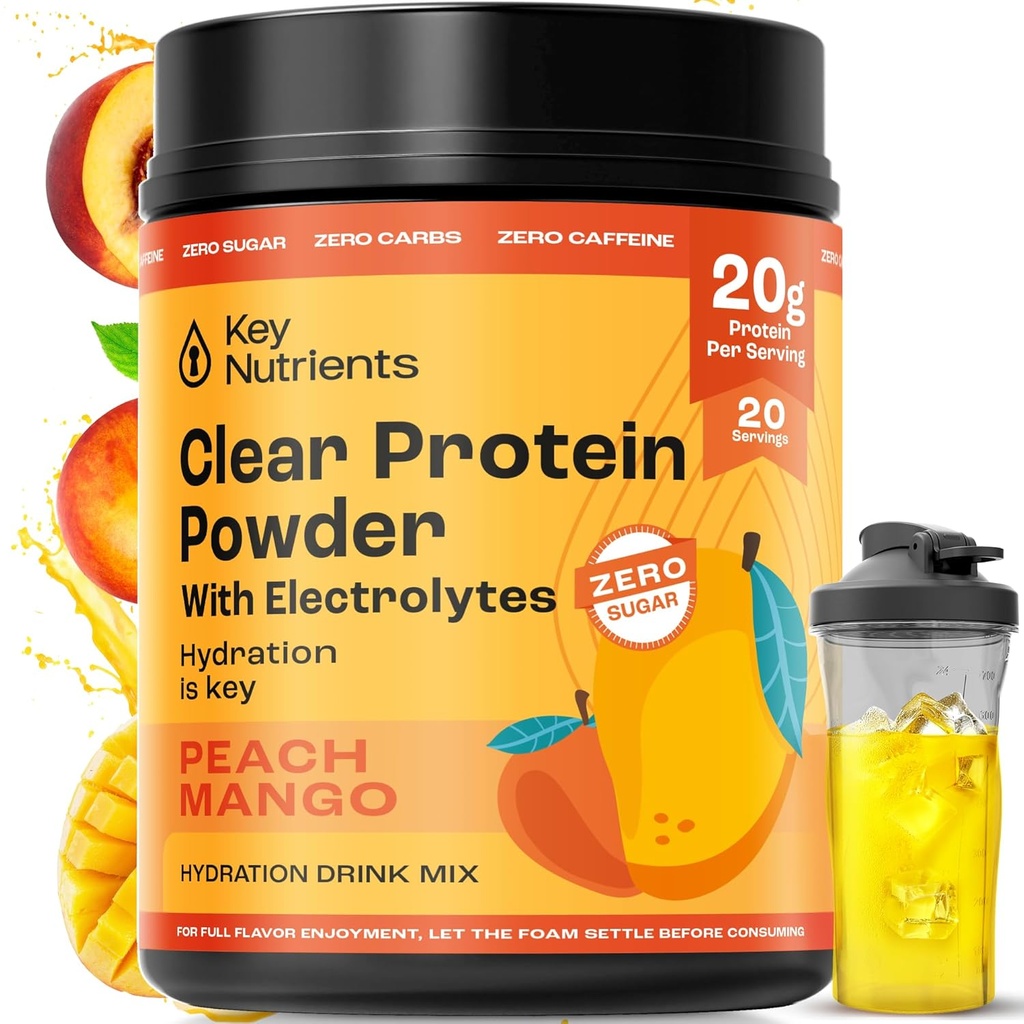 KEY NUTRIENTS Multivitamin Electrolytes Powder No Sugar - Peach Mango Electrolyte Powder - Endurance & Energy Supplement - Hydration Powder - No Calories - 20 Servings - (Peach Mango + Protein Powder)