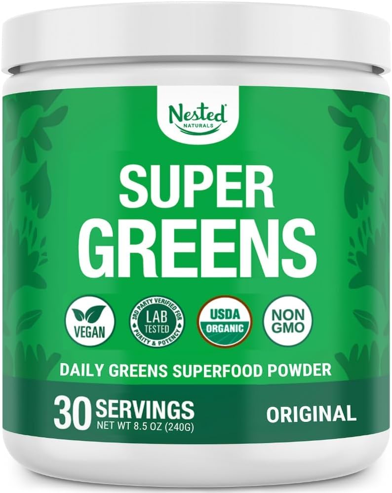 Nested Naturals Super Greens Daily Superfood Powder - Certified USDA Organic Green Powder w/20+ Whole Foods, Spirulina Powder,Wheat & Barley Grass - Probiotics, Fiber & Enzymes - Original Flavour, 30