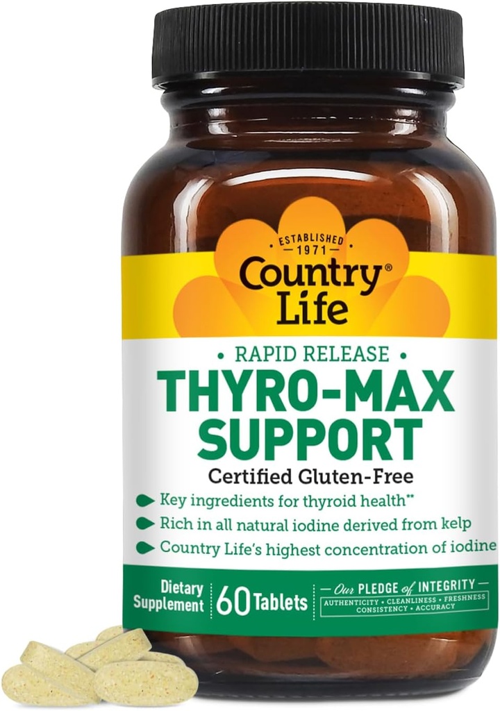 Country Life Thyro-Max Support - Kelp-Derived Iodine & L-Tyrosine Thyroid Supplement for Men and Women - B Vitamins, Gluten-Free, Vegan, Kosher - 60 Capsules