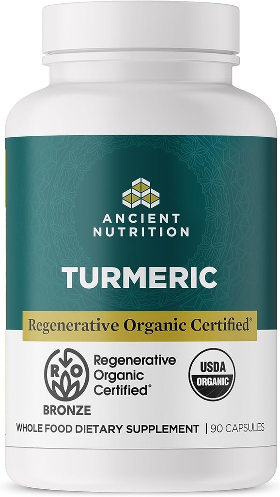 Ancient Nutrition Regenerative Organic Certified Turmeric Capsules, Once Daily, Use as a Joint Supplement and Supports Inflammation, Gluten Free, Paleo and Keto Friendly, 90 Count