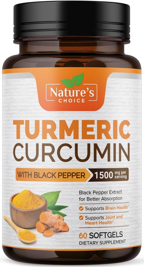 Turmeric Curcumin Supplement 1500mg - BioPerine Black Pepper Extract Advanced Absorption Curcuminoids for Nature's Joint Support - Antioxidant Herbal Supplement for Women & Men, Non-GMO - 60 Softgels