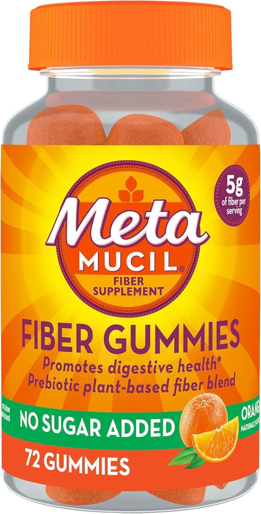 Metamucil Fiber Gummies for Adults, No Sugar Added Orange Flavor, 5g Plant Based Prebiotic Fiber Supplement Blend, 72 Count