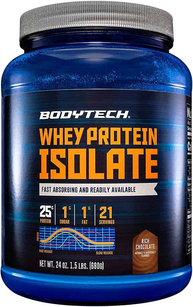 BODYTECH Whey Protein Isolate Powder - 25 Grams of Protein per Serving, Ideal for Post-Workout Muscle Building and Growth, Rich Chocolate Flavor, Contains Milk & Soy (1.5 Pound/ 21 Servings)