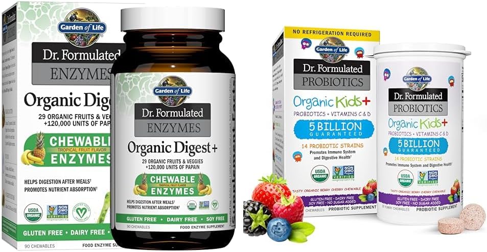 Garden of Life Dr Formulated Digestive Enzymes with Papain, Bromelain & Dr. Formulated Probiotics Organic Kids+ Plus Vitamin C & D - Berry Cherry