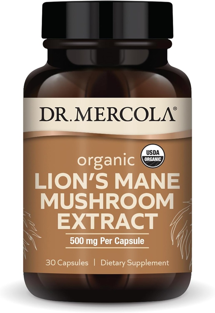 Dr. Mercola Organic Lion's Mane Mushroom Extract, 30 Capsules 500 mg Organic Lion's Mane, Non-GMO, Gluten Free, Soy Free
