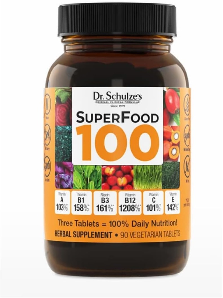 Dr. Schulze's SuperFood 100 - Everyday Superfood Supplement to Support Overall Wellness - Mutivitamin Support for Cellular Nutrition & Energy - Clean Ingredients - Gluten-Free & Dairy-Free - 90 Count