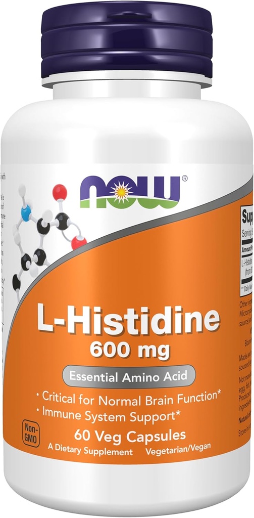 NOW Supplements, L-Histidine 600 mg, Essential Amino Acid, Critical for Normal Brain Function*, Immune System Support*, 60 Veg Capsules