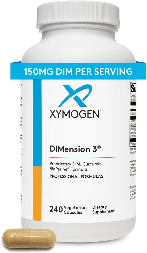 XYMOGEN Dimension 3 - Diindolylmethane DIM Supplement with Curcumin + BioPerine - Supports Healthy Estrogen Detox, Hormonal Balance for Women and Men - Menopause Relief + PMS Support (240 Capsules)