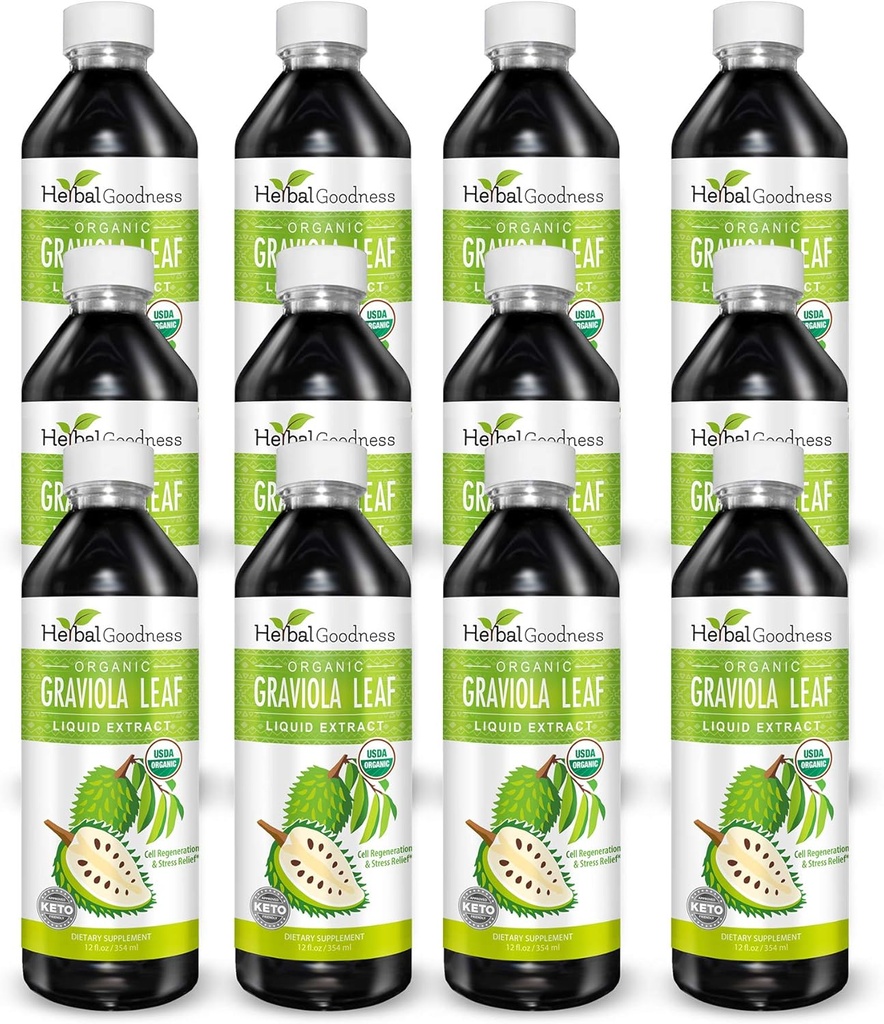 Herbal Goodness Graviola Leaf Extract 15X Strength - Soursop (Guanabana) Leaves Liquid USDA Organic Non-GMO Kosher Cell Support & Regeneration & Stress Relief Immune Boost 12(12oz) btls