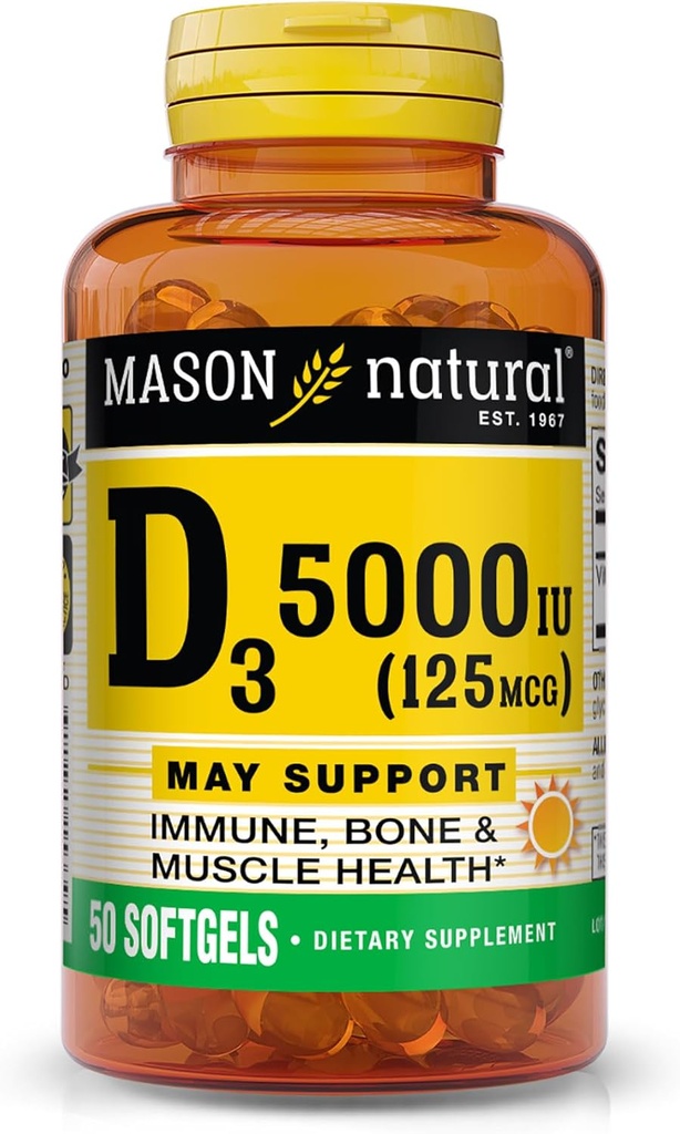 MASON NATURAL Vitamin D3 125 mcg (5000 IU), Supports Bone, Muscle & Immune Health, from Fish Liver Oil, 50 Softgels, Pack of 3