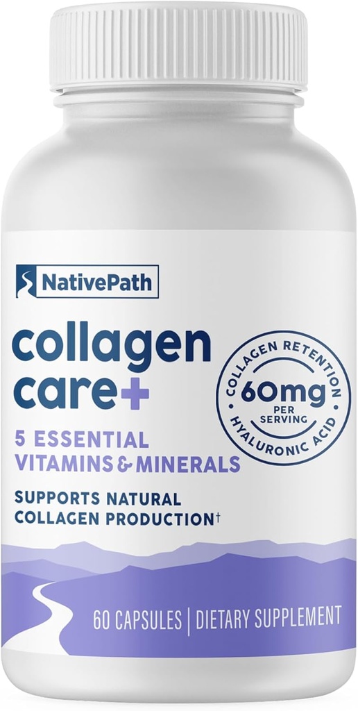 NativePath Collagen Care+, 5 Vitamin Blend with Hyaluronic Acid and Boron That Supports Collagen for Men and Women, 60 Capsules