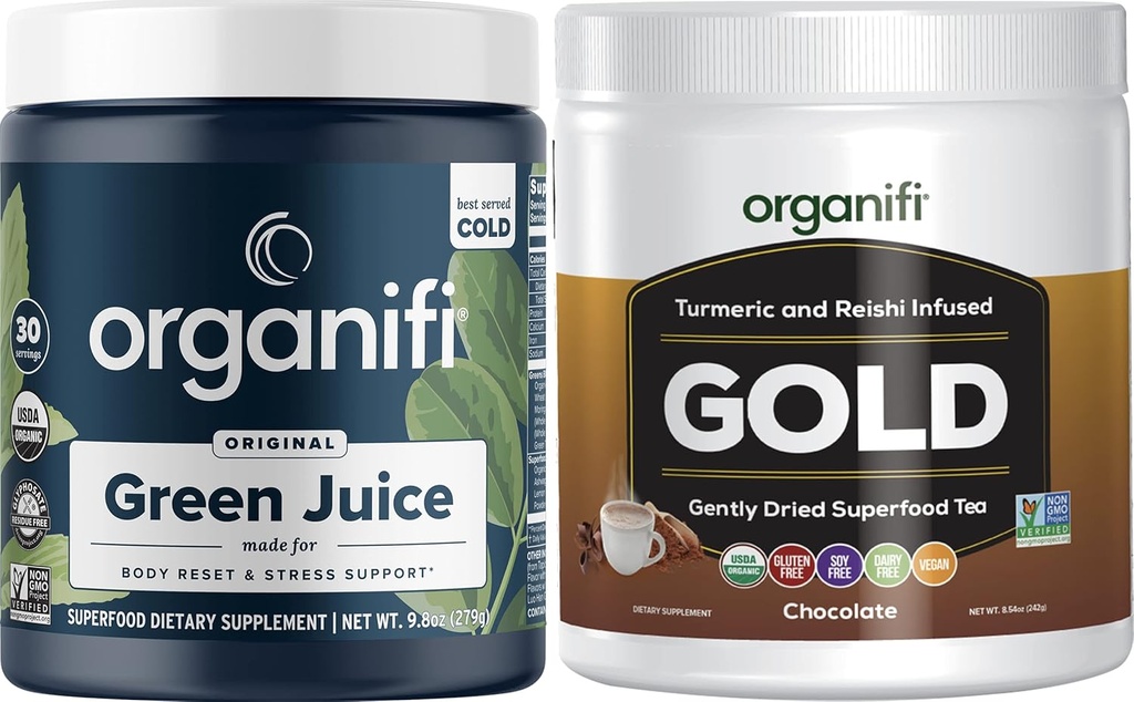 Organifi Green Juice Superfood Powder (30 Servings) and Gold Chocolate (20 Servings) - Weight Control, Detox Cleanse, Restful Sleep, Stress Relief and Immunity Support - Gluten Free, Vegan, Whole Food